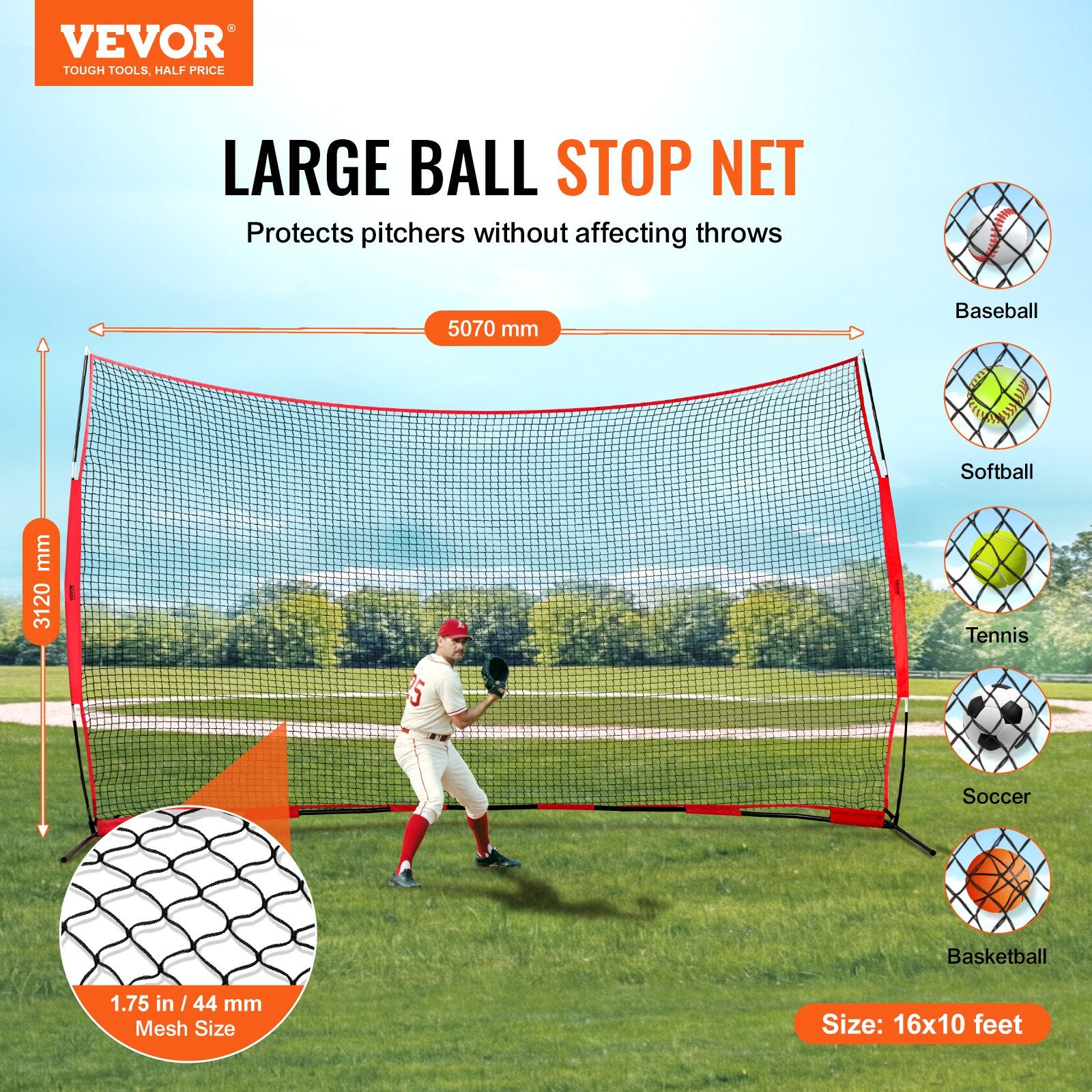 Barricade Backstop Net, 16x10 ft Ball Sports Barrier Netting, Portable Practice Equipment with Carry Bag, Protection Screen for Baseball Softball Lacrosse Soccer Hockey Training, for Backyard Unique