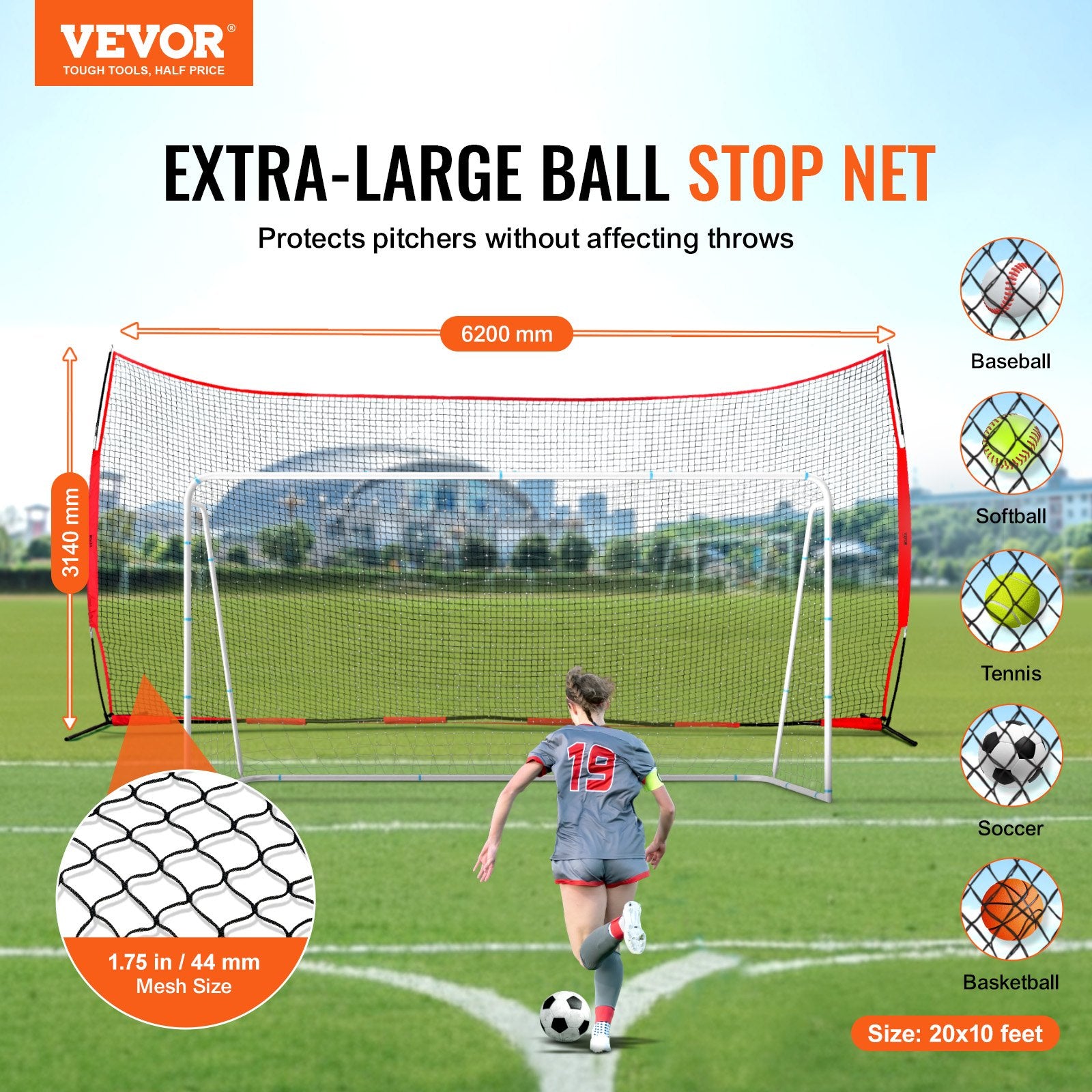 Barricade Backstop Net, 20x10 ft Ball Sports Barrier Netting, Portable Practice Equipment with Carry Bag, Protection Screen for Baseball Softball Lacrosse Soccer Hockey Training, for Backyard Unique