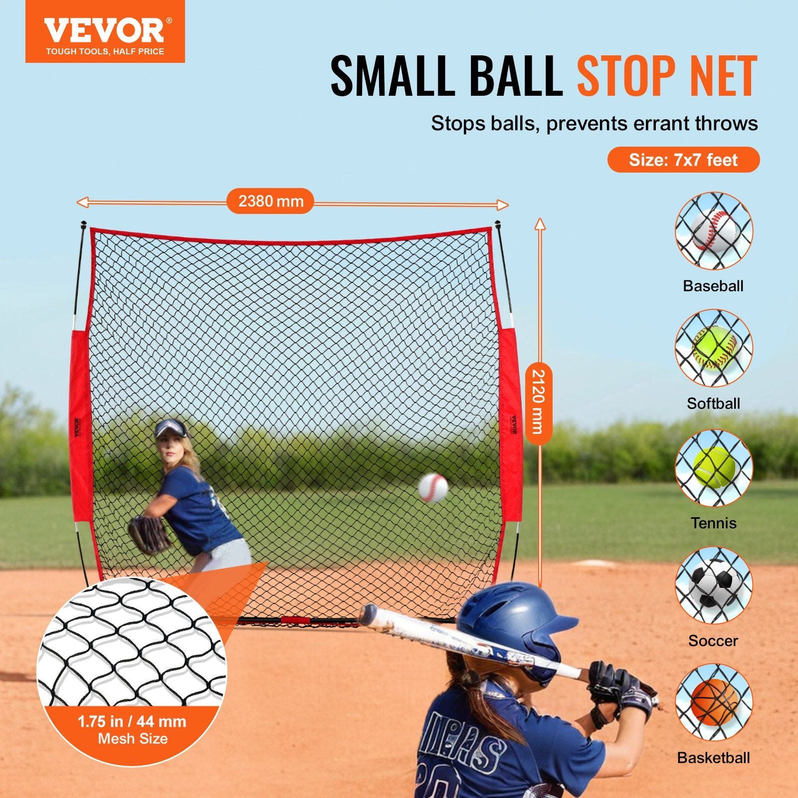 Barricade Backstop Net, 7x7 ft Ball Sports Barrier Netting, Portable Practice Equipment with Carry Bag, Protection Screen for Baseball Softball Lacrosse Soccer Hockey Training, for Backyard Unique