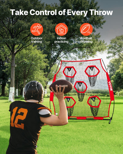 1828.8x1828.8mm Football Trainer Throwing Net, Training Throwing Target Practice Net with 5 Target Pockets, Knotless Net Includes Straps and Portable Carry Case, Improve QB Throwing Accuracy,Red
