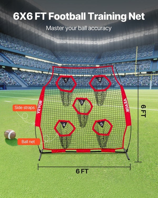 1828.8x1828.8mm Football Trainer Throwing Net, Training Throwing Target Practice Net with 5 Target Pockets, Knotless Net Includes Straps and Portable Carry Case, Improve QB Throwing Accuracy,Red Unique