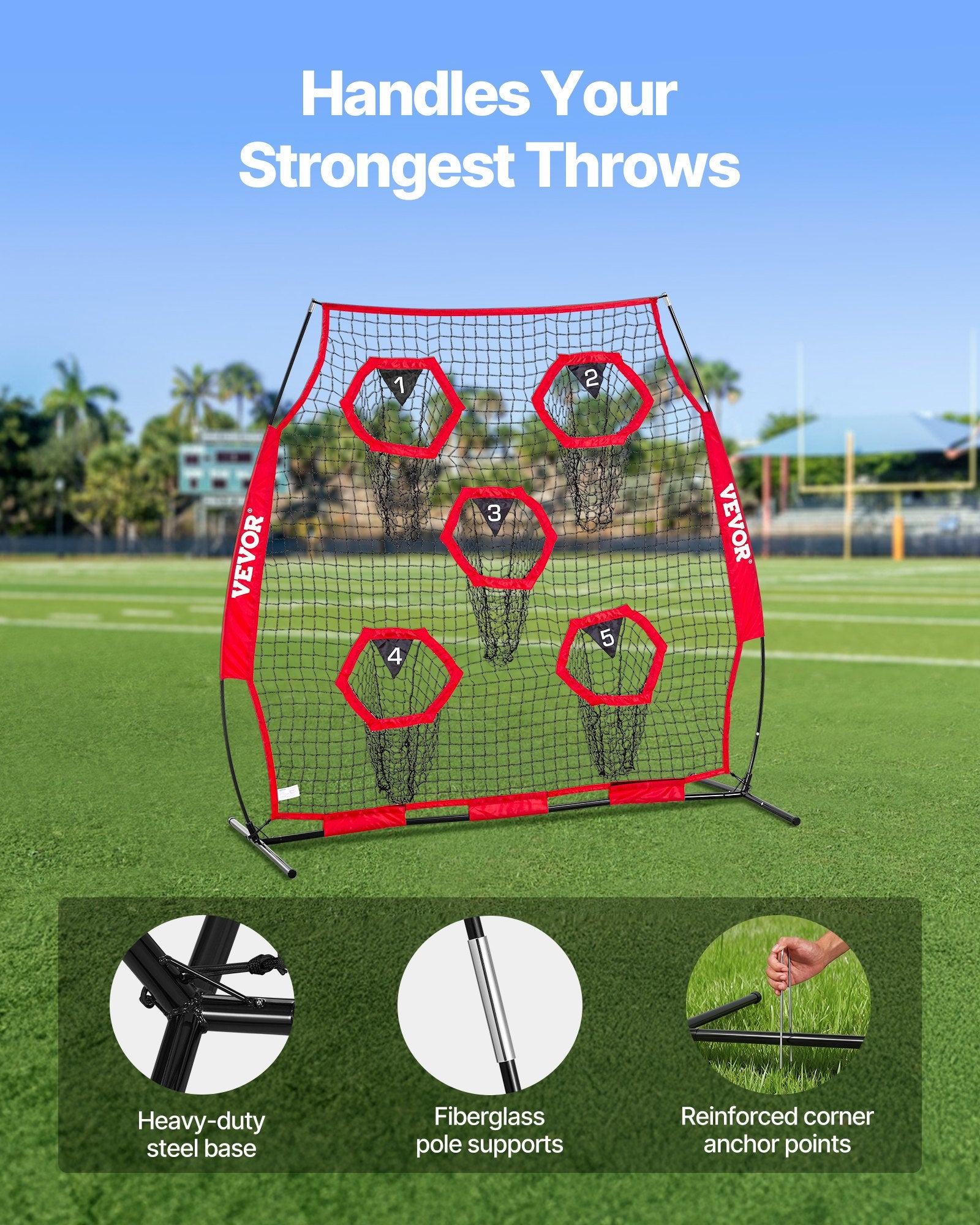 1828.8x1828.8mm Football Trainer Throwing Net, Training Throwing Target Practice Net with 5 Target Pockets, Knotless Net Includes Straps and Portable Carry Case, Improve QB Throwing Accuracy,Red Unique
