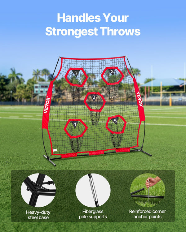 1828.8x1828.8mm Football Trainer Throwing Net, Training Throwing Target Practice Net with 5 Target Pockets, Knotless Net Includes Straps and Portable Carry Case, Improve QB Throwing Accuracy,Red Unique