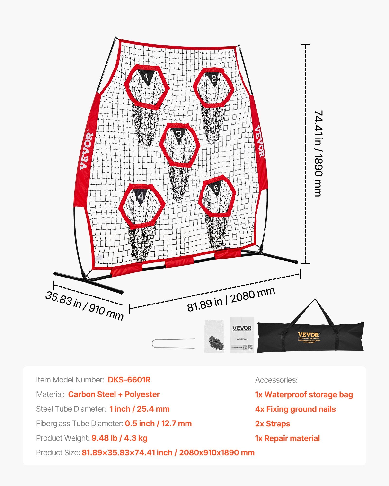 1828.8x1828.8mm Football Trainer Throwing Net, Training Throwing Target Practice Net with 5 Target Pockets, Knotless Net Includes Straps and Portable Carry Case, Improve QB Throwing Accuracy,Red Unique