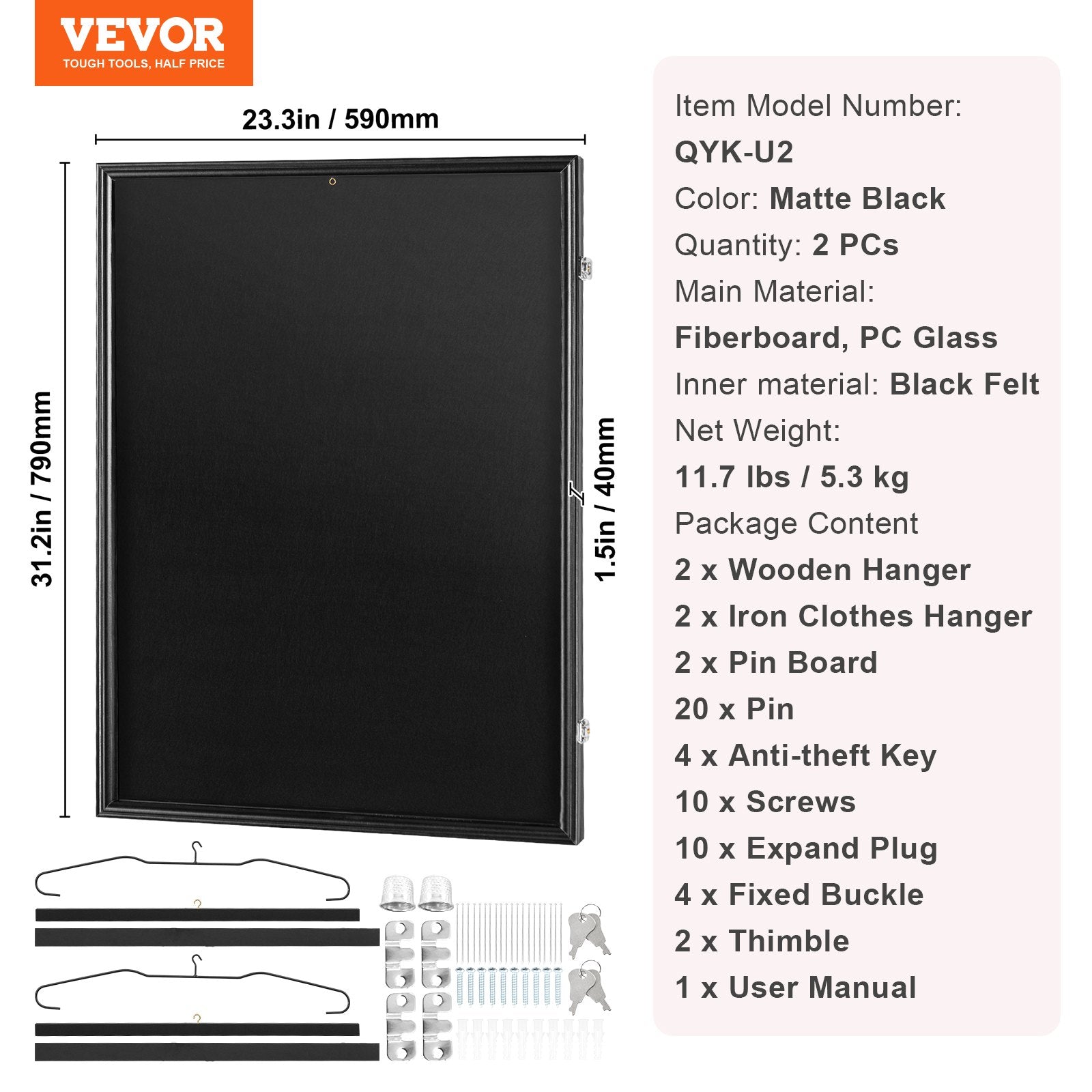 2PCs Jersey Display Frame Case, 590 x 790 x 40 mm, Large Lockable Sport Jersey Shadow Box with 98% UV Protection PC Glass and Hangers, for Baseball Basketball Football Hockey Shirt and Uniform Unique