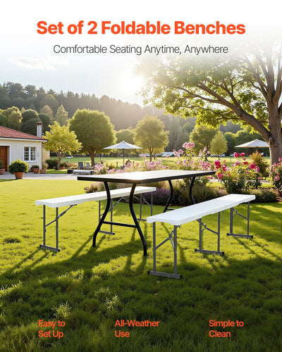 Plastic Folding Bench, 6 ft Portable Bench for Indoor/Outdoor Picnic Party Patio Camping Dining, Foldable Smooth HDPE Seat for Garden Soccer Multipurpose Entertaining Activities, 2 Pack, White