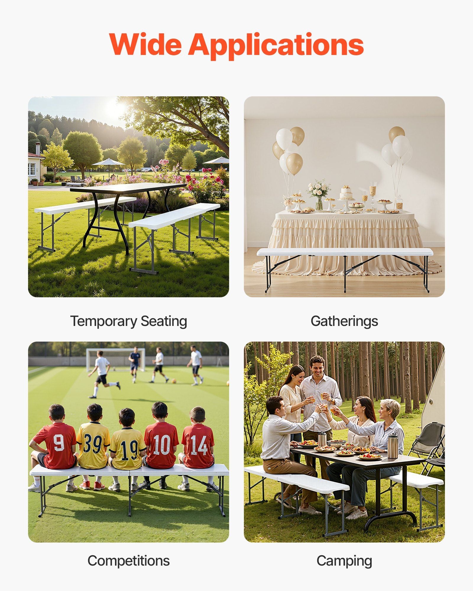 Plastic Folding Bench, 6 ft Portable Bench for Indoor/Outdoor Picnic Party Patio Camping Dining, Foldable Smooth HDPE Seat for Garden Soccer Multipurpose Entertaining Activities, 2 Pack, White Unique