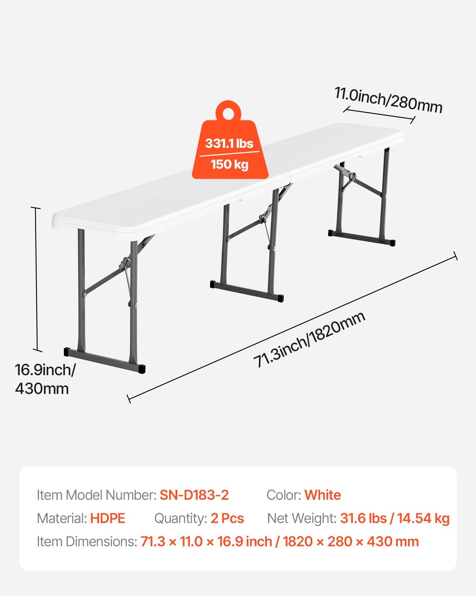 Plastic Folding Bench, 6 ft Portable Bench for Indoor/Outdoor Picnic Party Patio Camping Dining, Foldable Smooth HDPE Seat for Garden Soccer Multipurpose Entertaining Activities, 2 Pack, White Unique