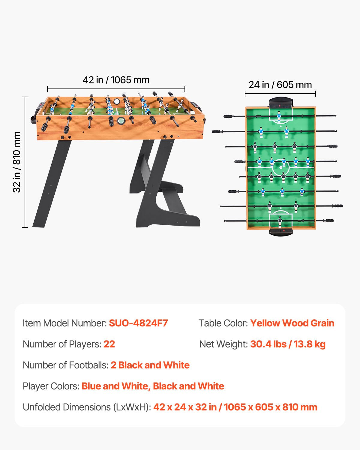 Folding Foosball Table, 106 cm Standard Size Table, Indoor Full Size Foosball Tables for Home, Family, and Game Room, Durable Soccer Set, Includes 2 Balls Unique
