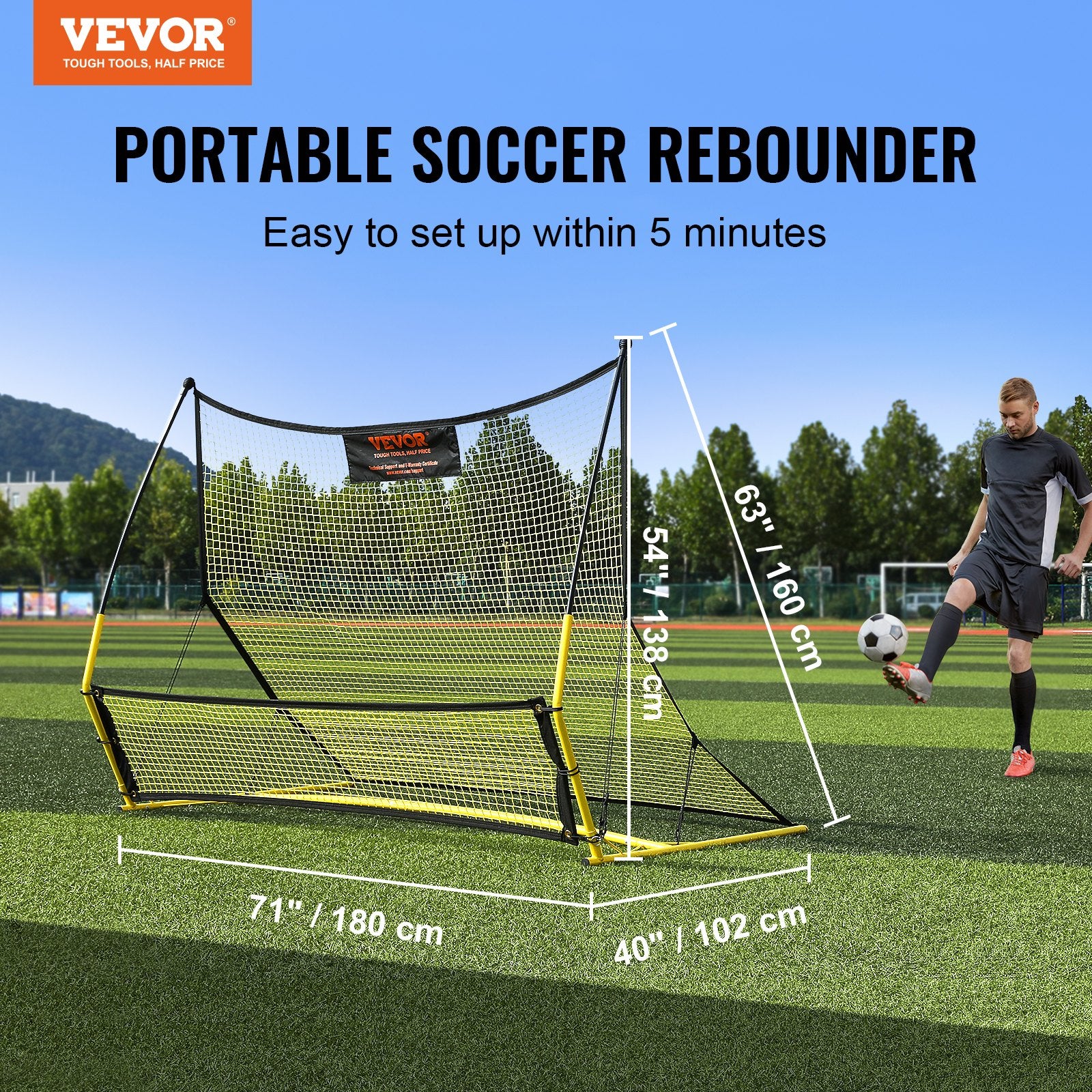 Soccer Trainer, 2-IN-1 Portable Soccer Rebounder Net, Iron Soccer Practice Equipment, Sports Football Rebounder Wall with Portable Bag, Perfect for Team Solo Training, Passing, Volley Unique