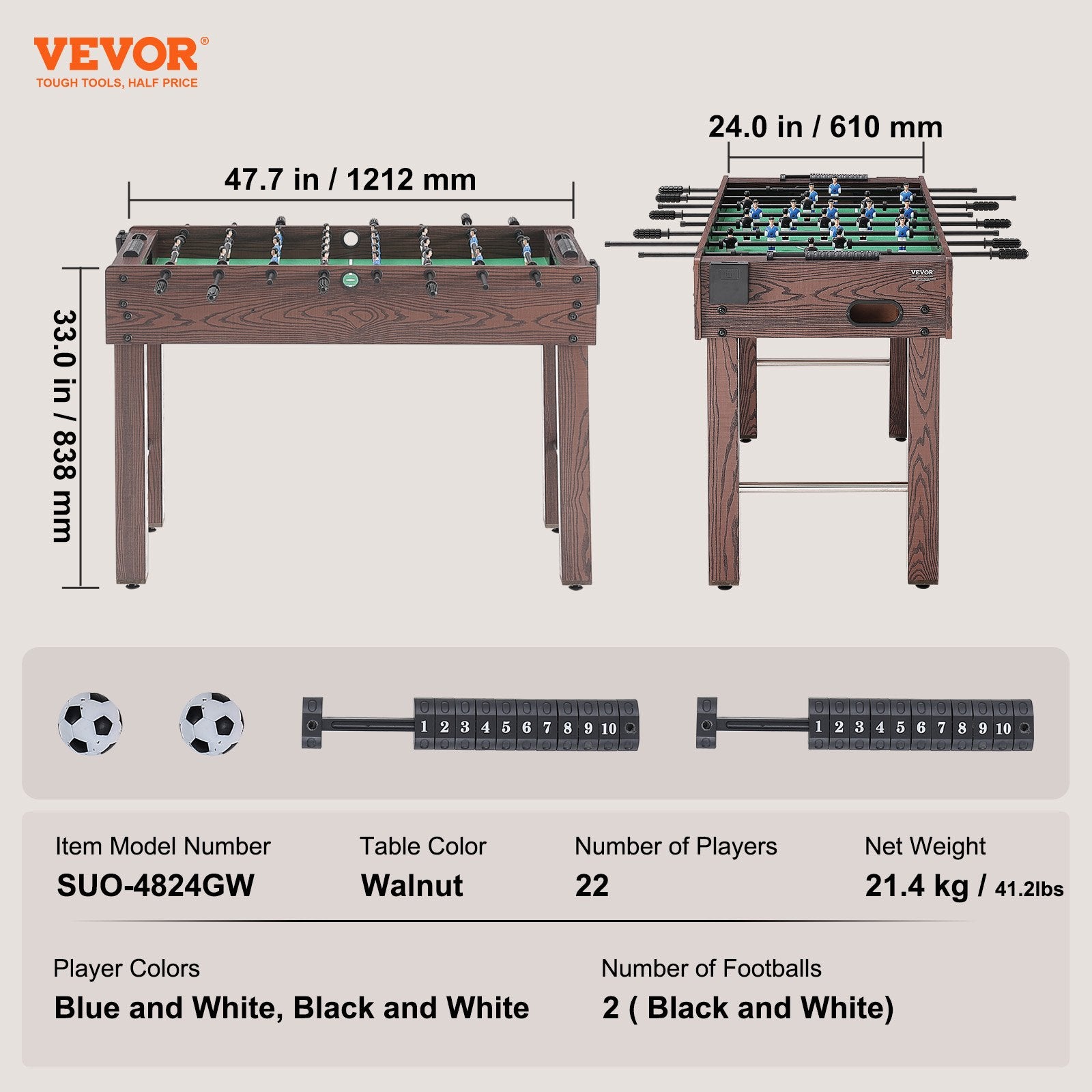 Foosball Table, 48 inch Standard Size Foosball Table, Indoor Full Size Foosball Table for Home, Family, and Game Room, Soccer with Foosball Table Set, Includes 2 Balls and 2 Cup Holders Unique