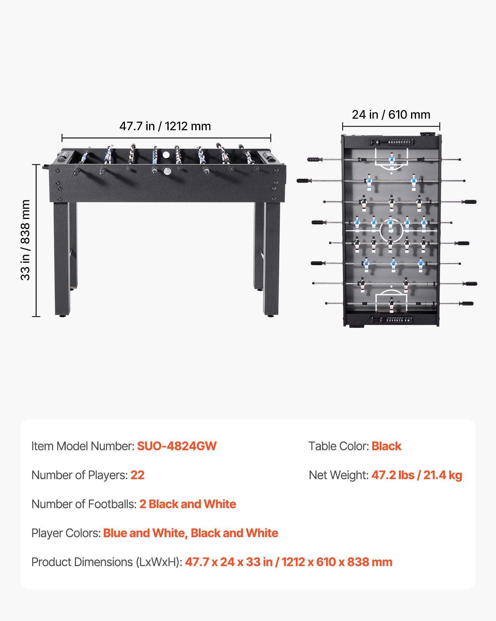 Foosball Table, 121 cm Standard Size Table, Indoor Full Size Foosball Tables for Home, Family, and Game Room, Durable Soccer Set, Includes 2 Balls, Score Keeper, and 2 Cup Holders Unique