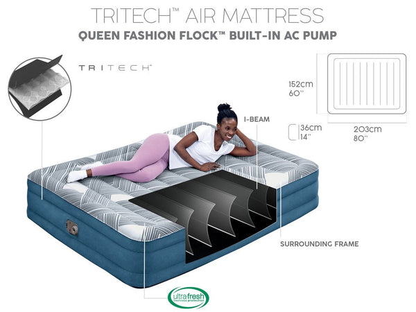 Bestway 2.03m x 1.52m x 36cm Tritech Fashion Flock comfortable inflatable Air Mattress Queen Built-in AC Pump Bestway
