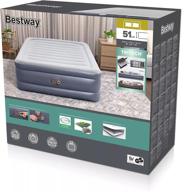 Bestway 2.03m x 1.52m x 51cm Tritech Air Inflatable Mattress Queen Built-in AC Pump Bestway