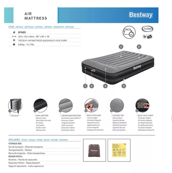 Bestway 2.03m x 1.52m x 46cm Tritech Air Mattress Queen Built-in AC pump Bestway