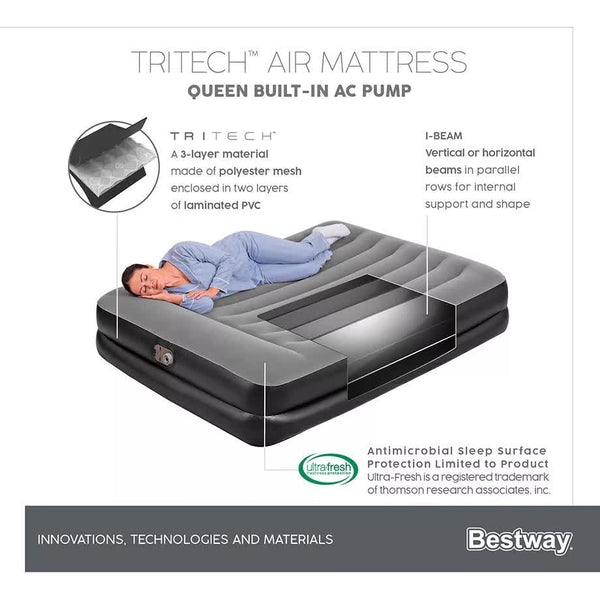 Bestway 2.03m x 1.52m x 46cm Tritech Air Mattress Queen Built-in AC pump Bestway