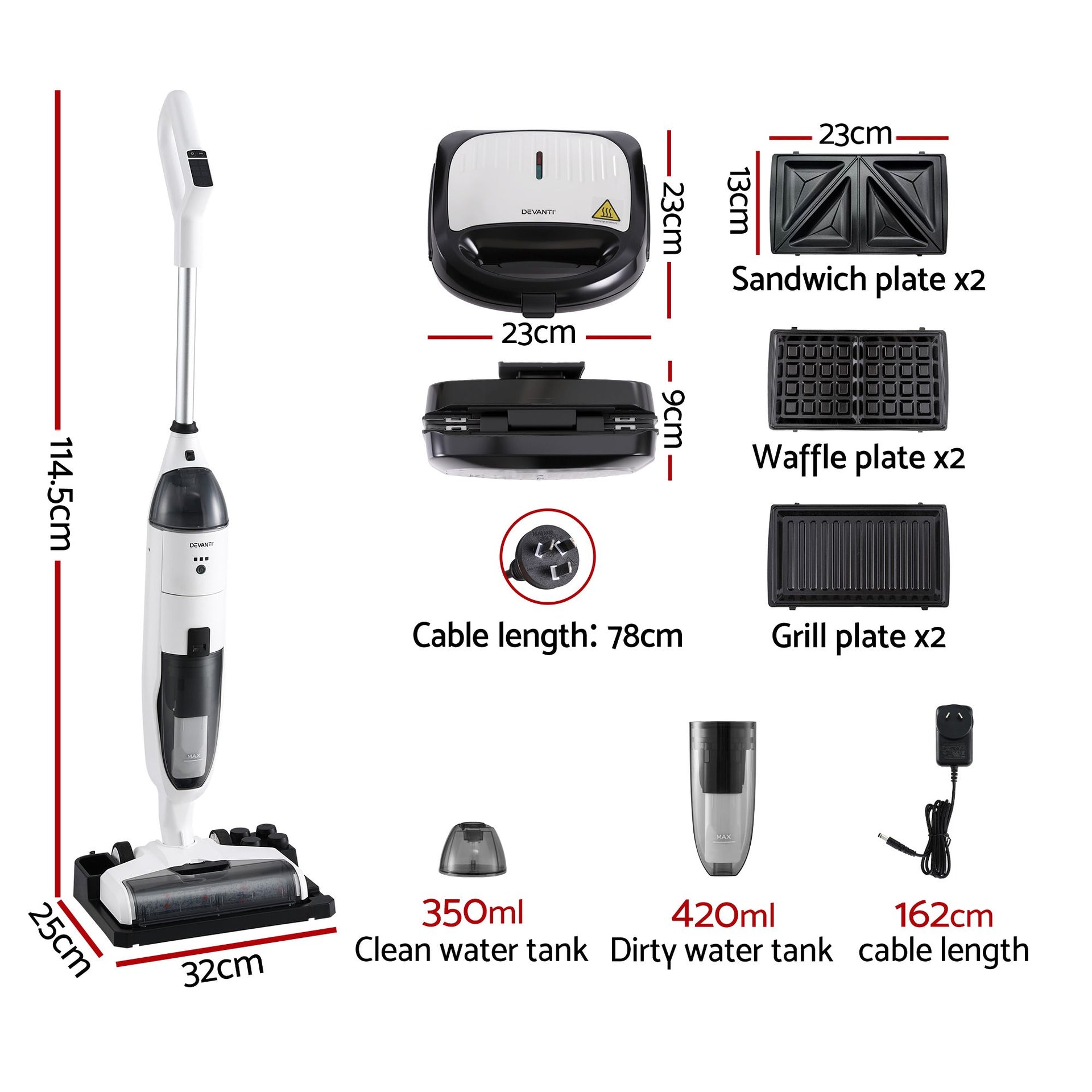 Devanti Cordless Wet Dry Vacuum Mop plus 3-in-1 Sandwich Waffle Maker Awezingly