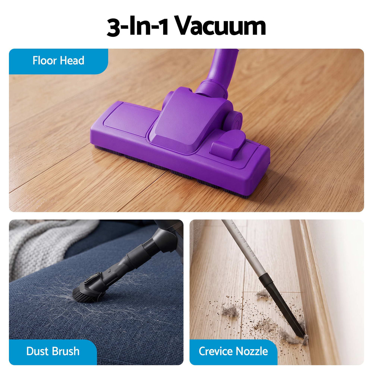 Devanti 3-in-1 Corded Stick Vacuum Cleaner, 16000Pa Strong Suction, Purple Awezingly