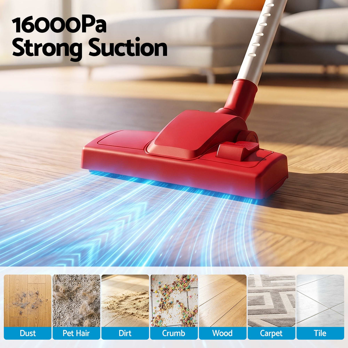 Devanti 3-in-1 Corded Stick Vacuum Cleaner, 16000Pa Strong Suction, Red Awezingly