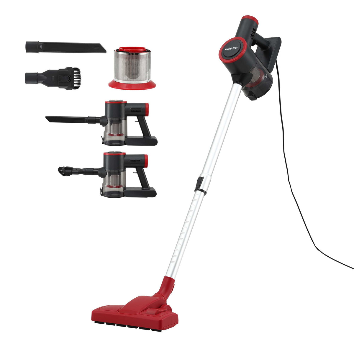 Devanti 3-in-1 Corded Stick Vacuum Cleaner, 16000Pa Strong Suction, Red Awezingly
