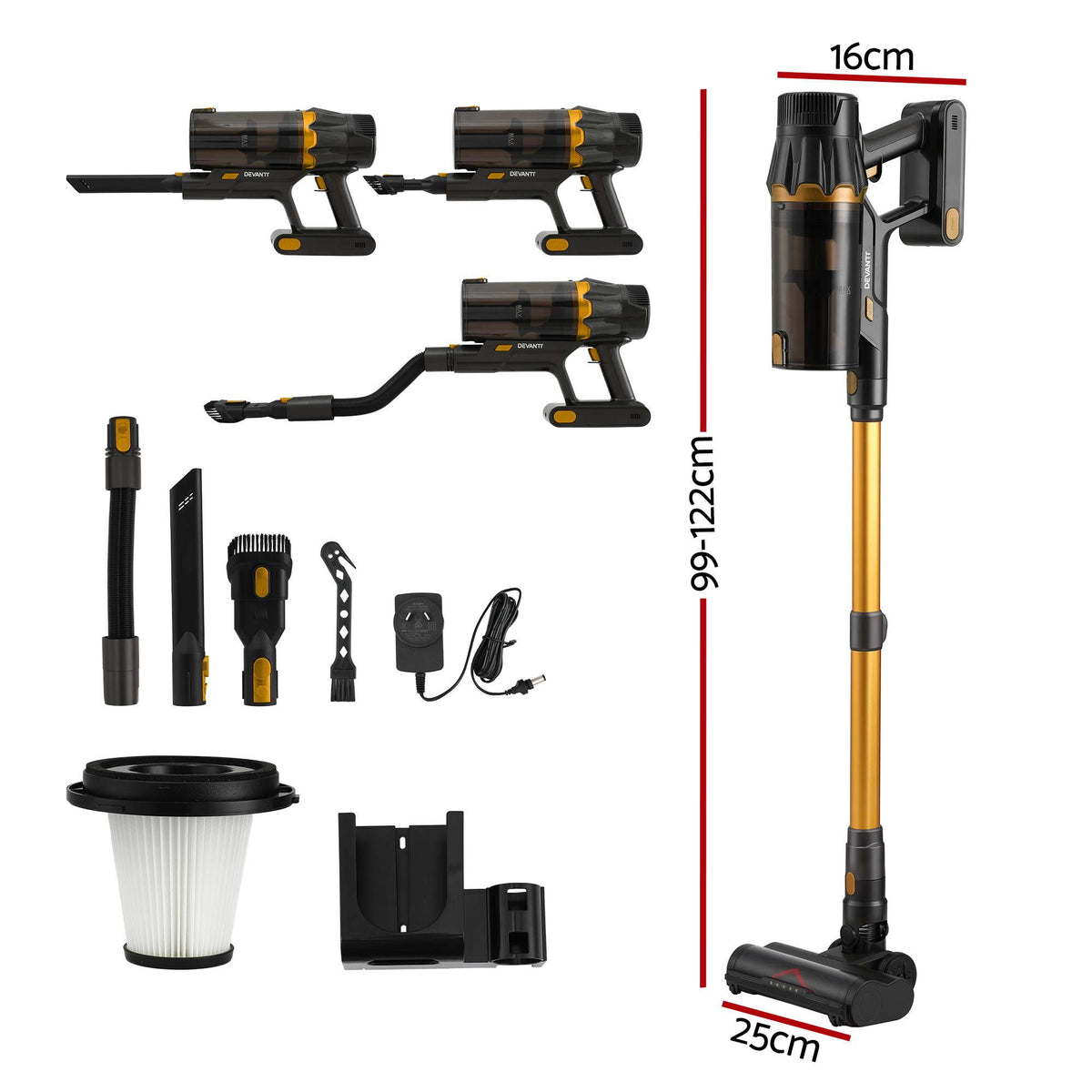 DEVANTI 30000Pa Cordless Stick Vacuum Cleaner 4-in-1 Handheld Vac, Gold Awezingly