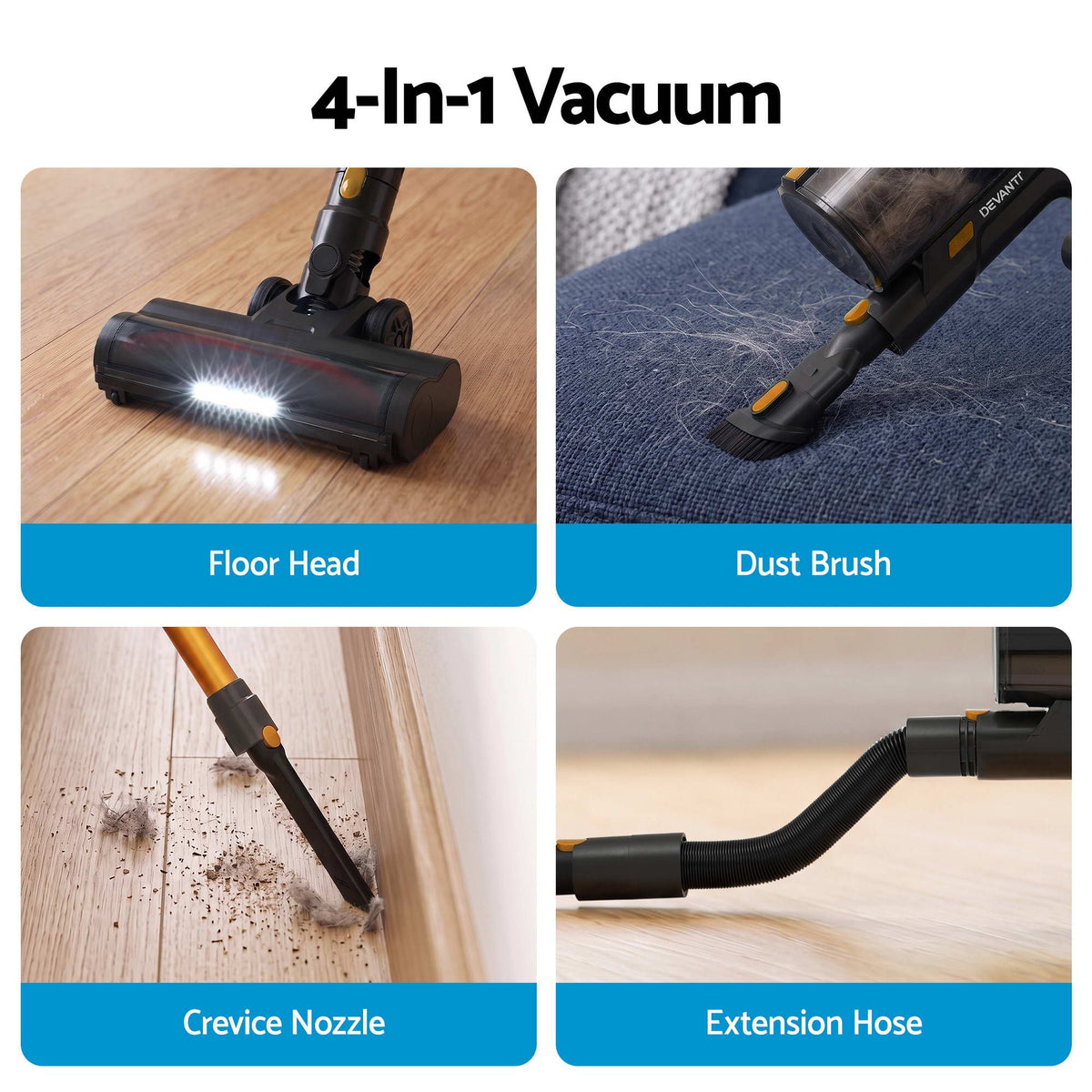 DEVANTI 30000Pa Cordless Stick Vacuum Cleaner 4-in-1 Handheld Vac, Gold Awezingly
