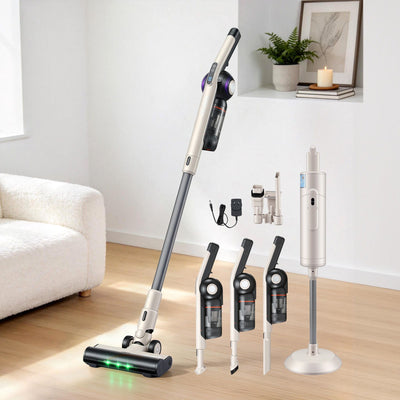 Devanti Cordless Vacuum Cleaner with Auto-Empty Dust Station, 18kPa Powerful Suction 1.05kg Lightweight 40Mins Runtime 3-Speed LED Floor Head Washable HEPA Filter Stick Vacuum, Oat