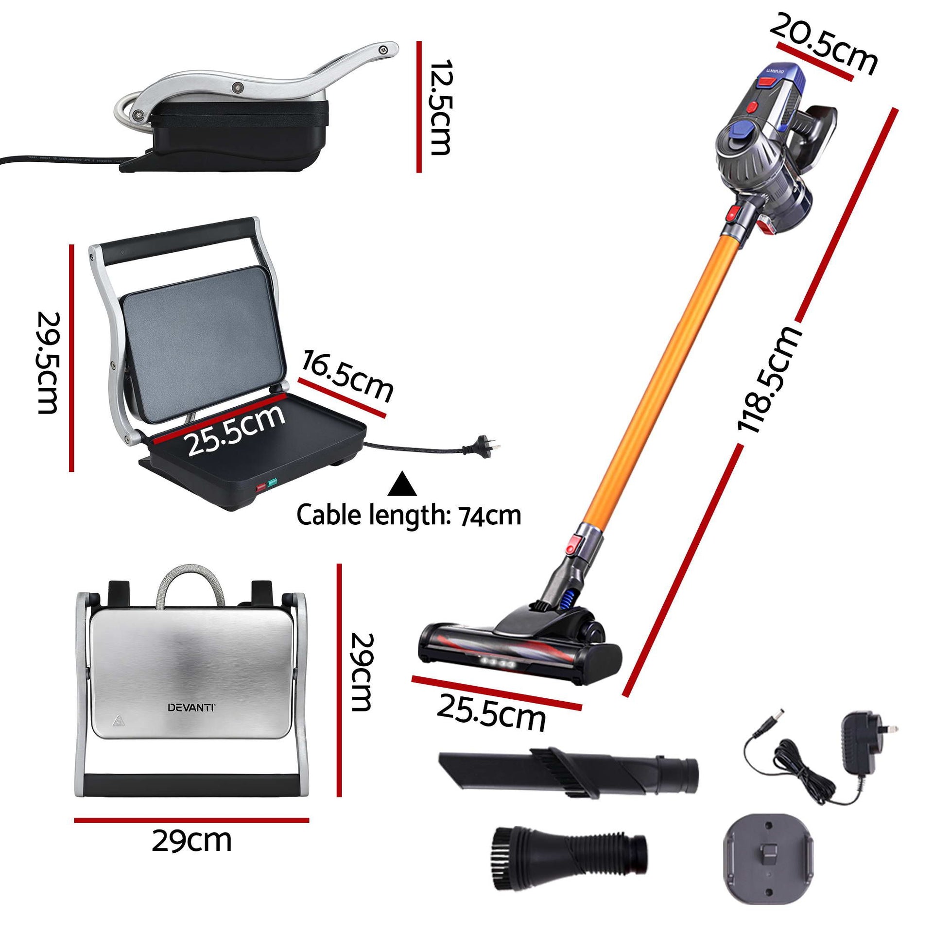 Devanti K7 Cordless Stick Vacuum Cleaner plus Sandwich Maker Panini Press Devanti