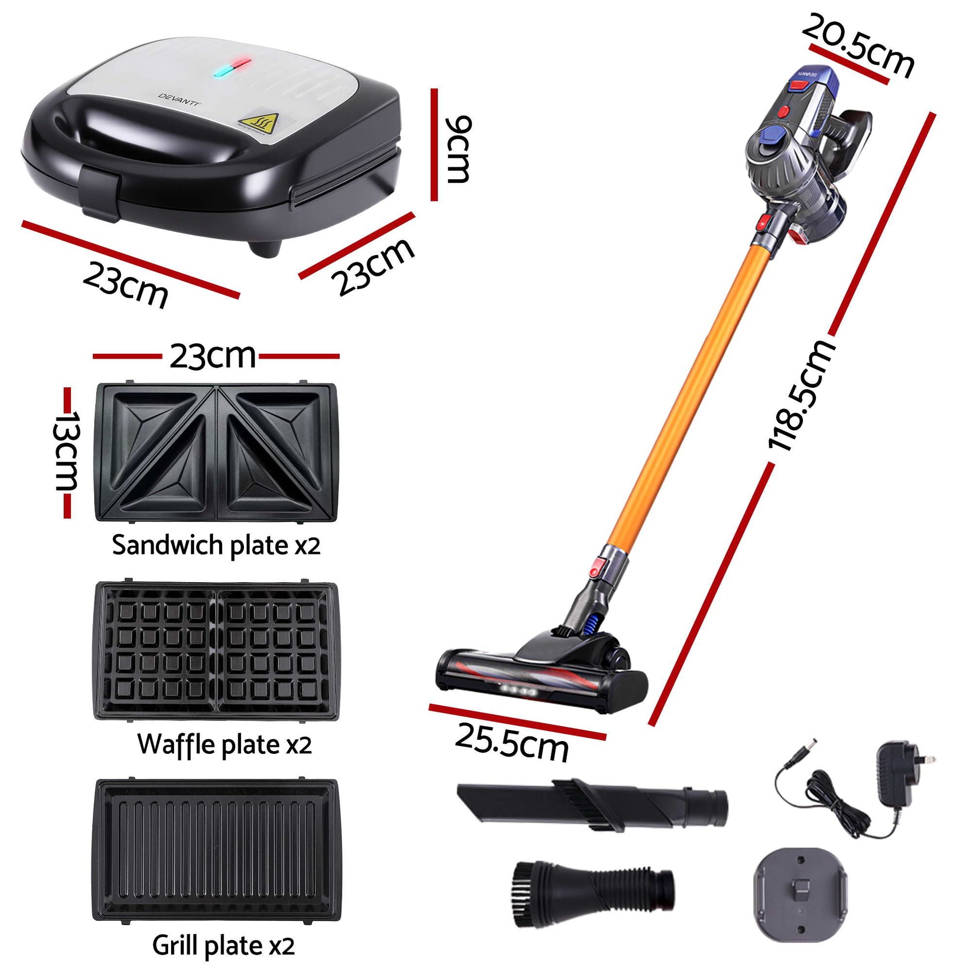 Devanti K7 Cordless Stick Vacuum Cleaner plus 3-in-1 Sandwich Maker Awezingly