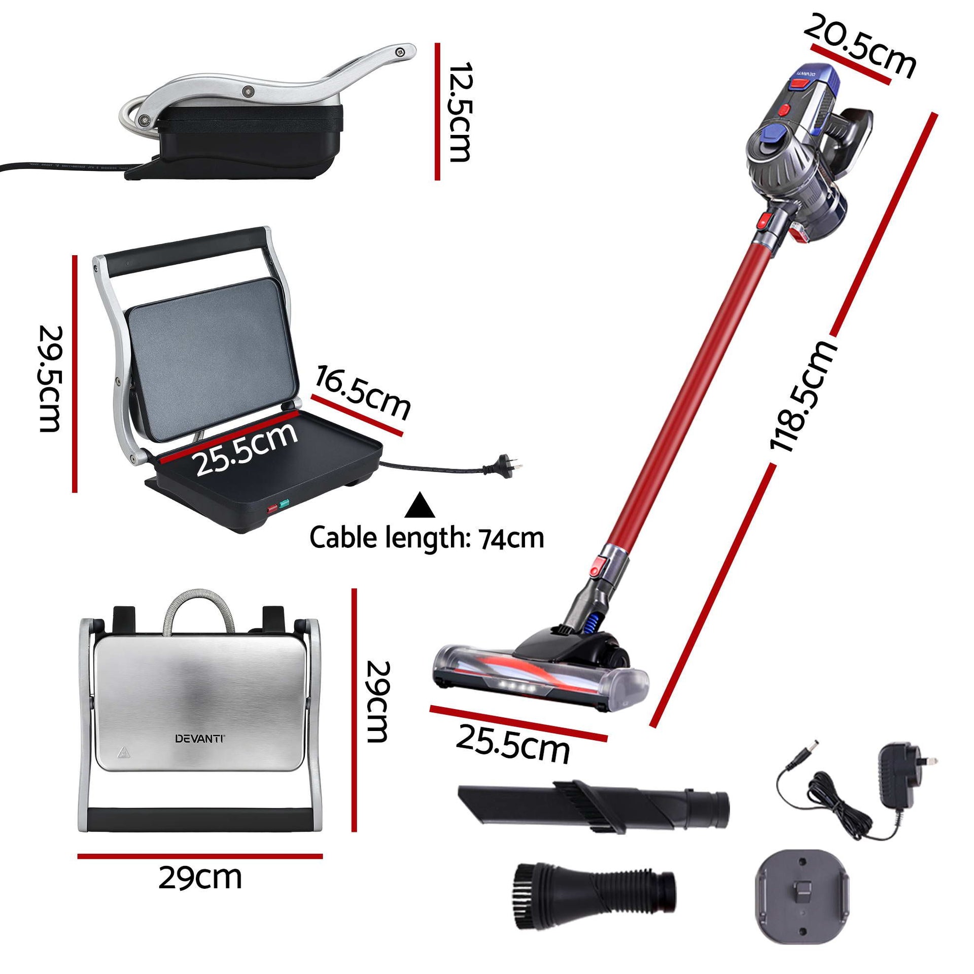 Devanti K7 Cordless Stick Vacuum Cleaner plus Sandwich Maker Panini Press Devanti