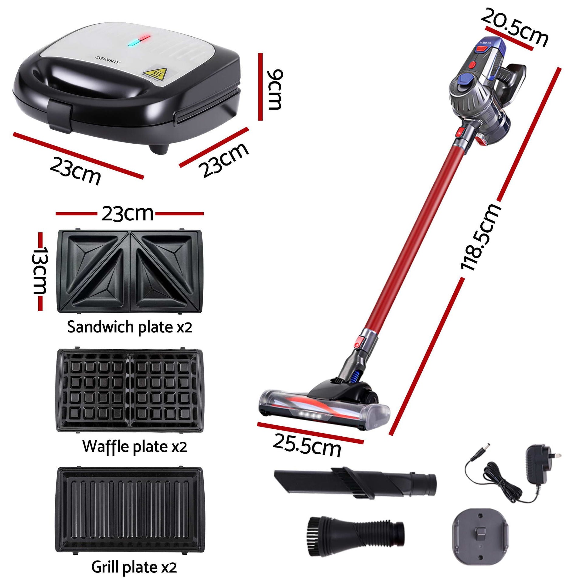 Devanti K7 Cordless Stick Vacuum Cleaner plus 3-in-1 Sandwich Maker Awezingly