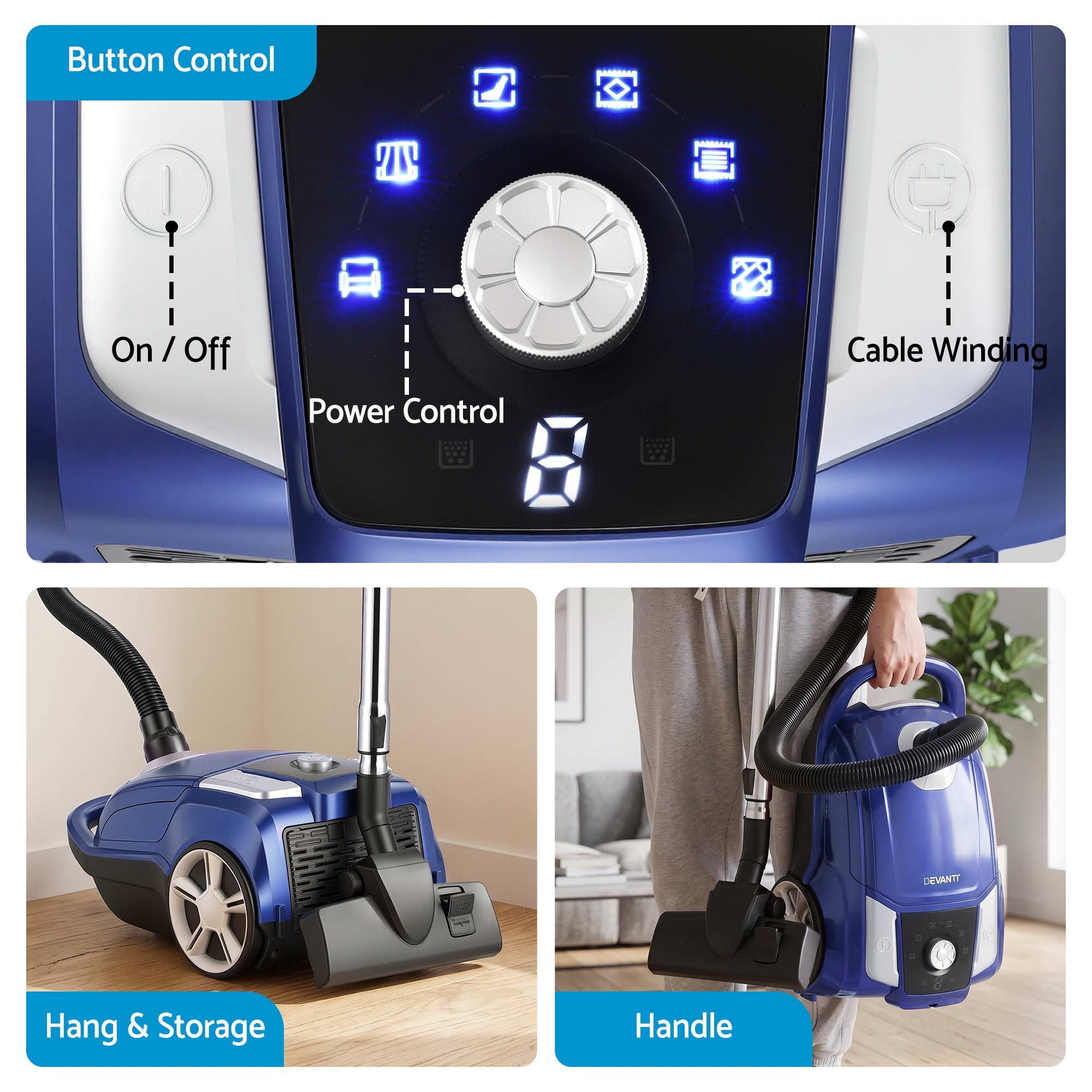 DEVANTI Bagged Vacuum Cleaner Powerful Suction for Carpet Wood Tile Floor Devanti