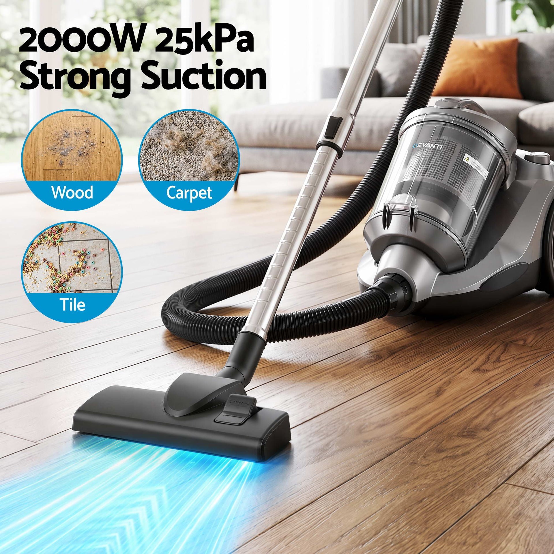 Devanti Vacuum Cleaner Bagless Canister 2000W 25kPa Powerful Suction 4L Awezingly