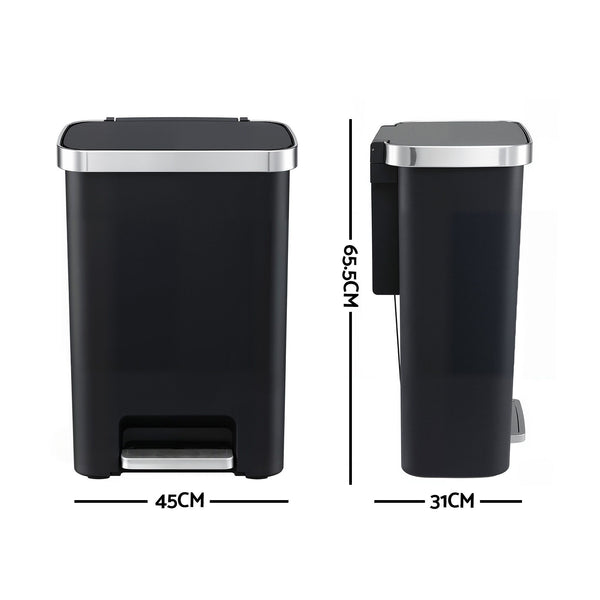 Artiss Rubbish Bin 51L Kitchen Pedal Soft Close Lid Liner Pocket Black Awezingly