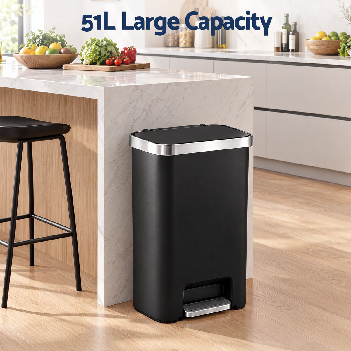 Artiss Rubbish Bin 51L Kitchen Pedal Soft Close Lid Liner Pocket Black Awezingly