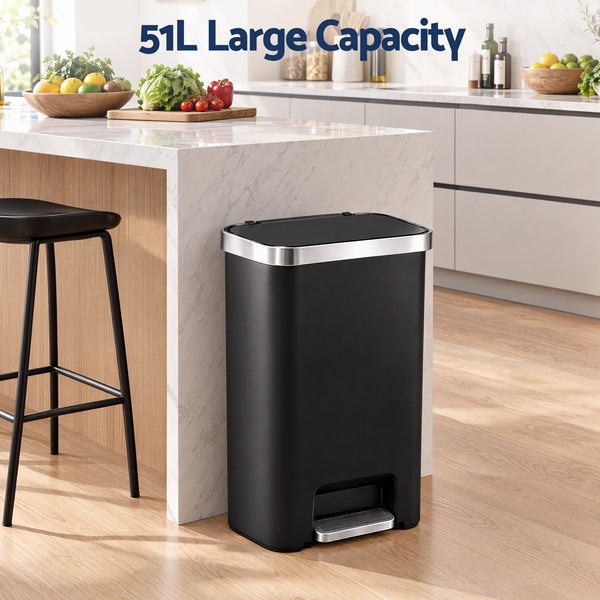 Artiss Rubbish Bin 51L Kitchen Pedal Soft Close Lid Liner Pocket Black Awezingly
