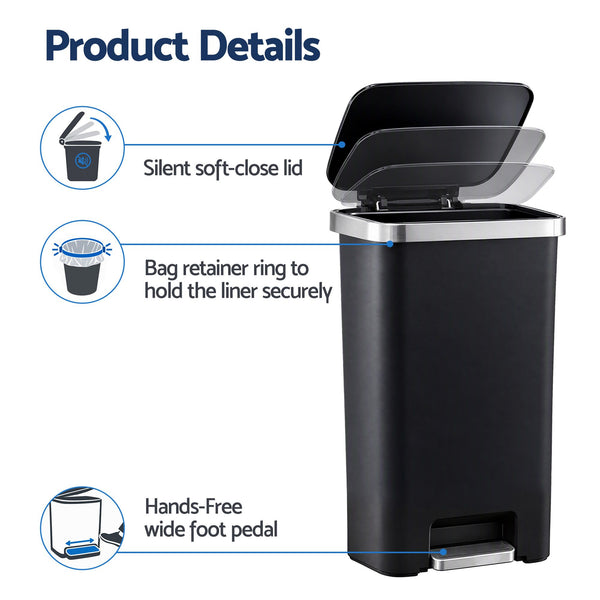 Artiss Rubbish Bin 51L Kitchen Pedal Soft Close Lid Liner Pocket Black Awezingly