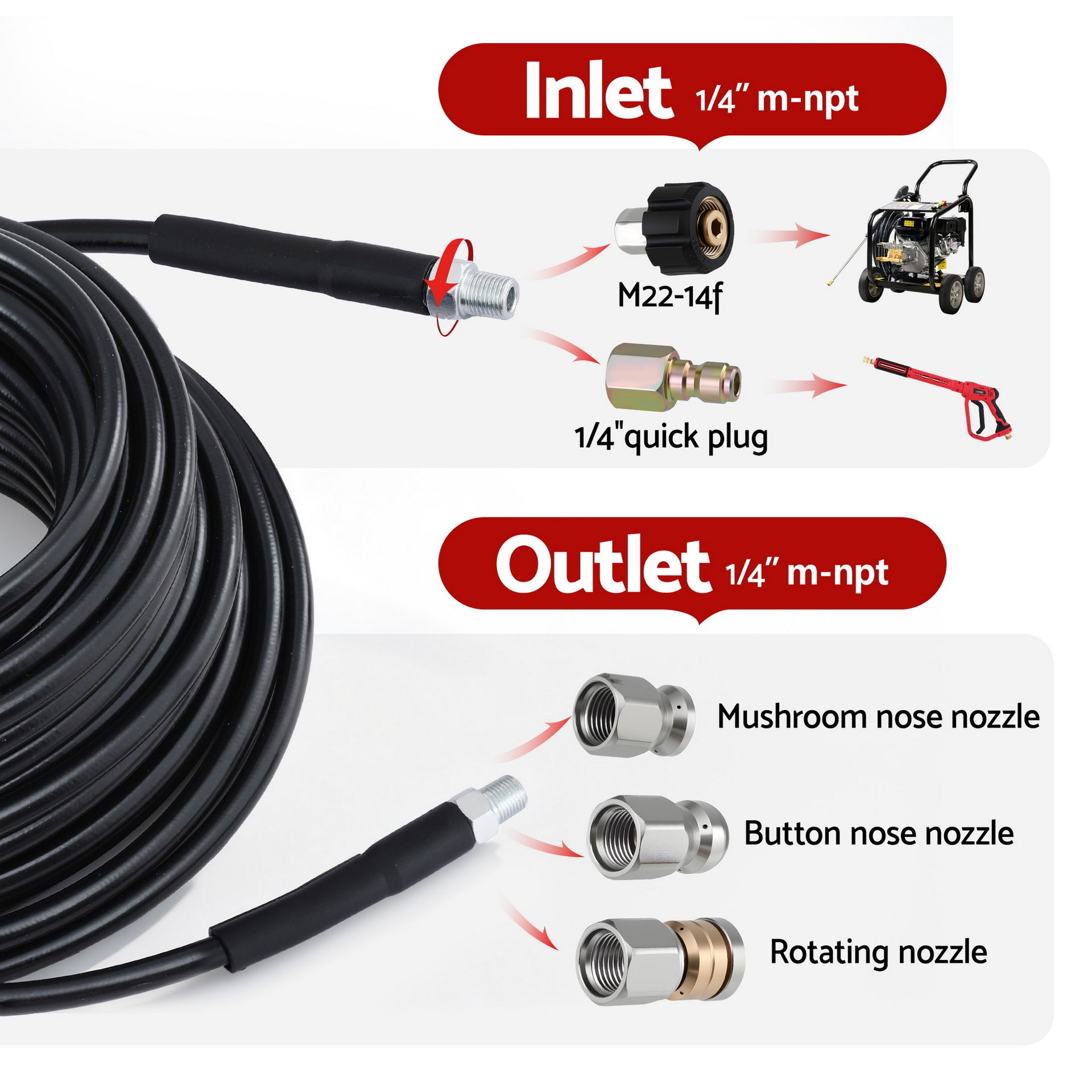 Giantz Pressure Washer Hose 30M 5800PSI Power Replacement Extension 1/4'' Quick Connect Awezingly