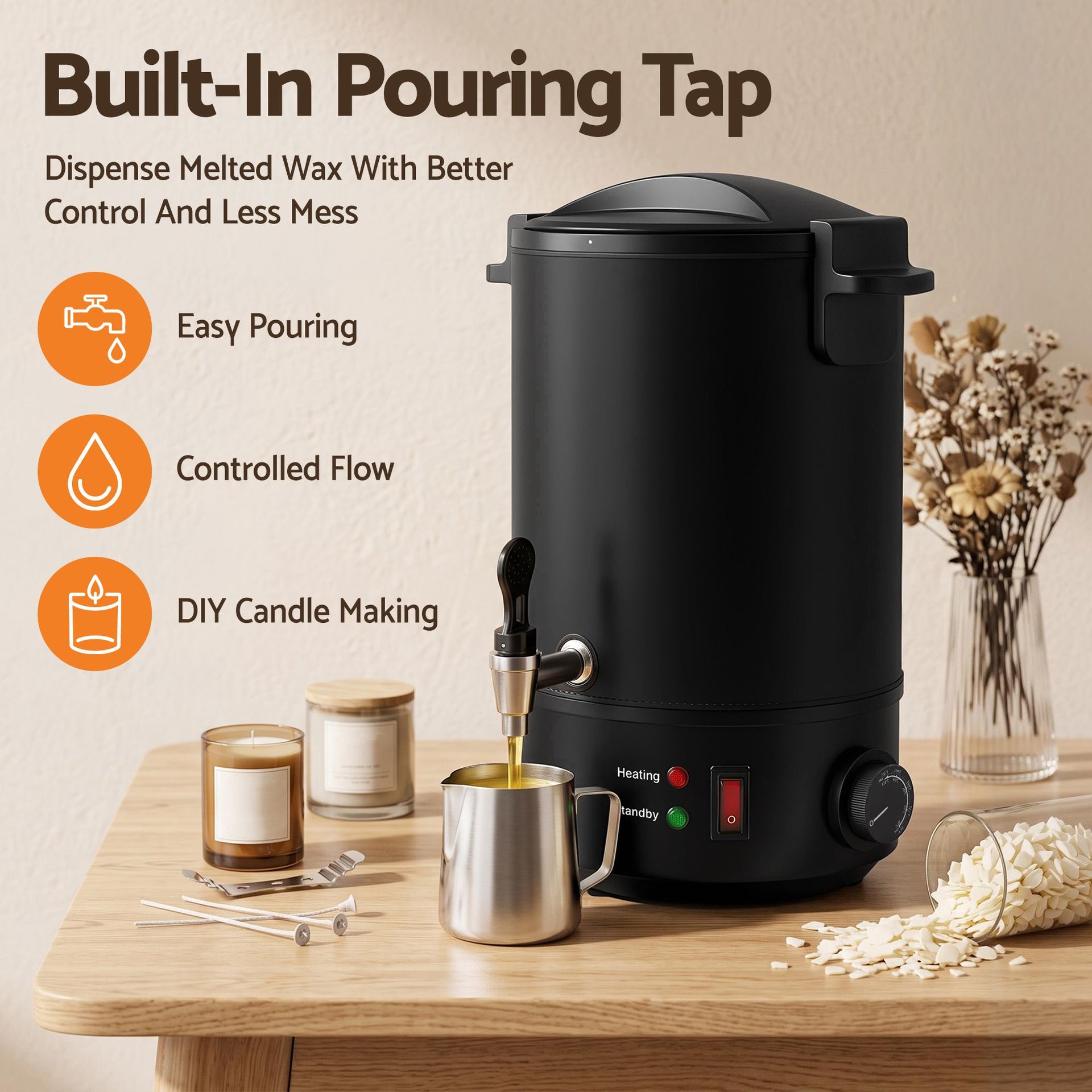 Devanti 6L Wax Melter Candle Making 1520W Melting Pot Furnace Quick Pour Spout Soy Soap Awezingly