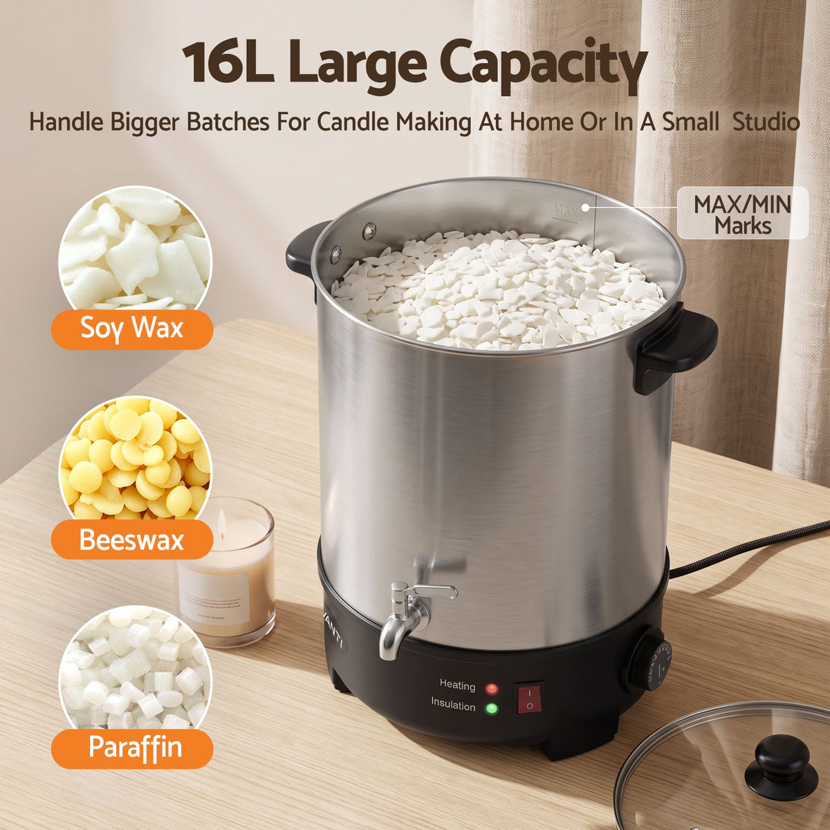 Devanti 16L Wax Melter Candle Making 1500W Melting Pot Furnace Quick Pour Spout Soy Soap Awezingly
