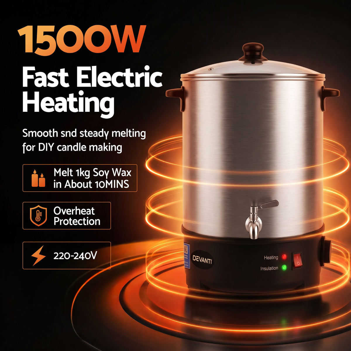 Devanti 16L Wax Melter Candle Making 1500W Melting Pot Furnace Quick Pour Spout Soy Soap Awezingly