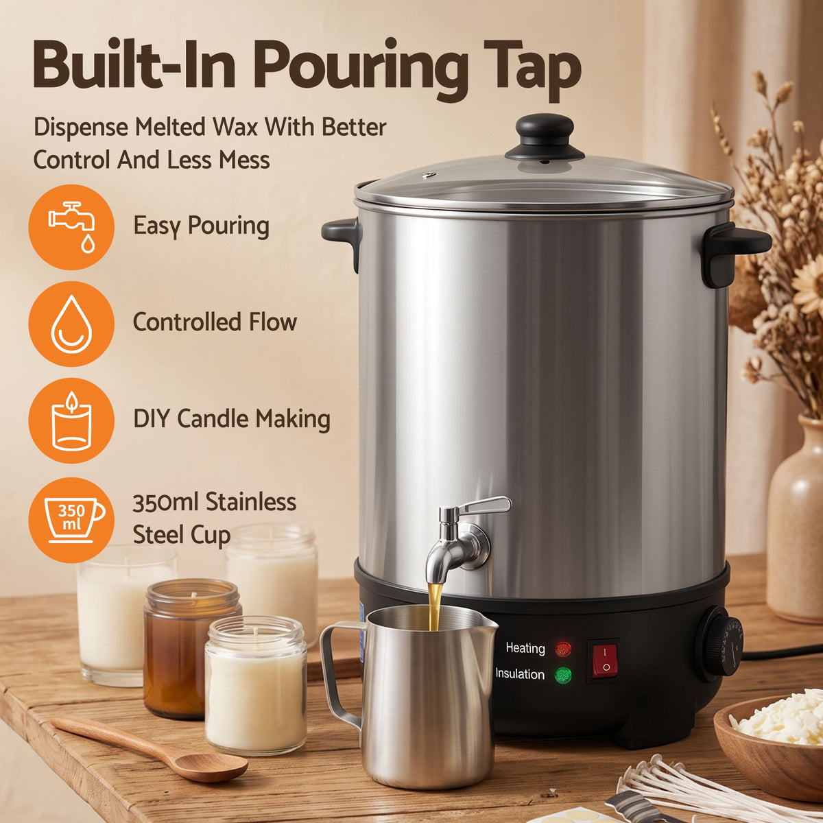 Devanti 16L Wax Melter Candle Making 1500W Melting Pot Furnace Quick Pour Spout Soy Soap Awezingly