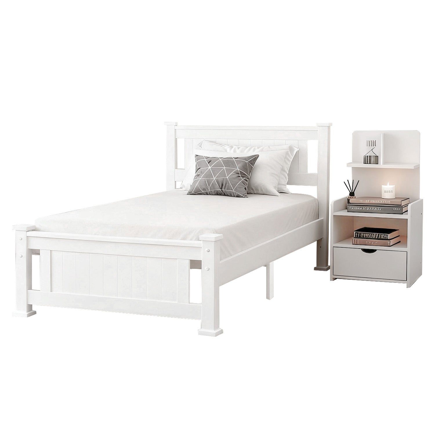 Artiss King Single Bed Frame and Bedside Table White Awezingly