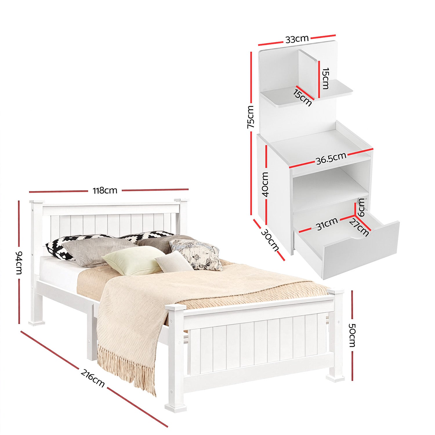 Artiss King Single Bed Frame and Bedside Table White Awezingly