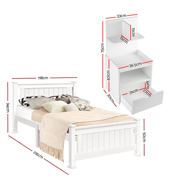 Artiss King Single Bed Frame and Bedside Table White Awezingly