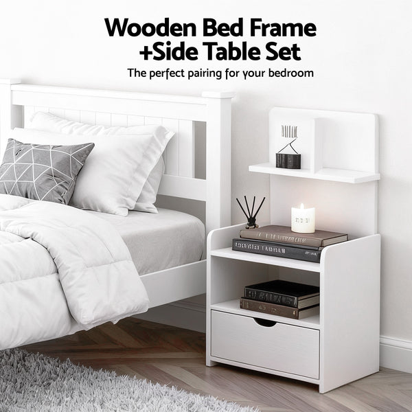 Artiss King Single Bed Frame and Bedside Table White Awezingly