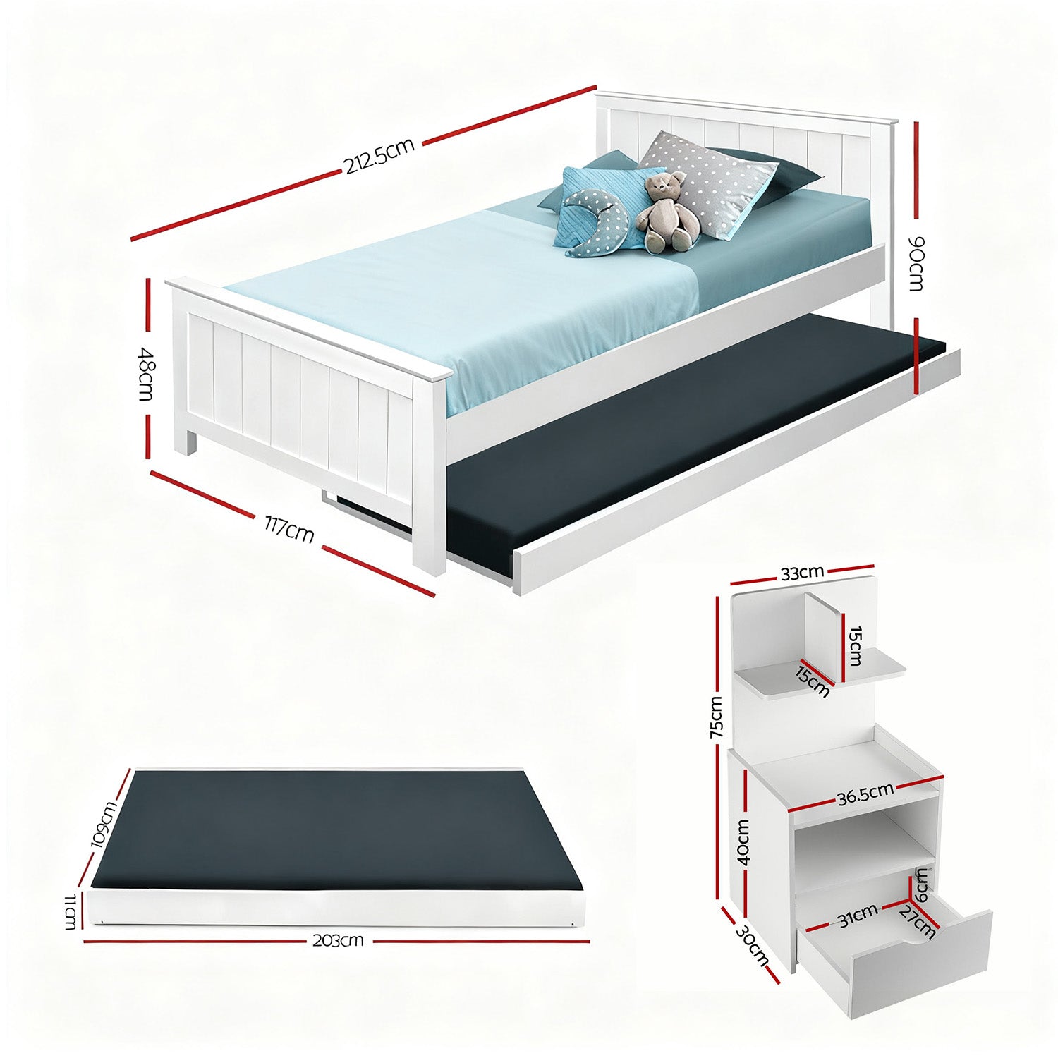 Artiss King Single Bed Frame and Bedside Table White Awezingly