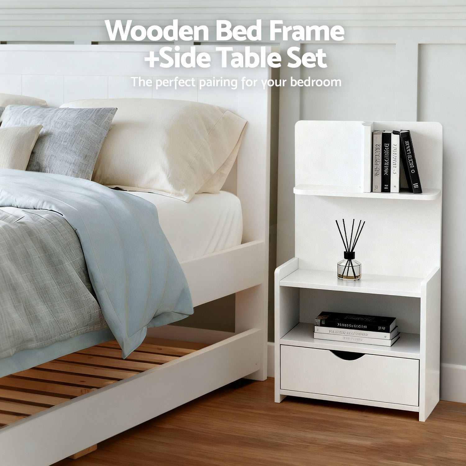 Artiss King Single Bed Frame and Bedside Table White Awezingly