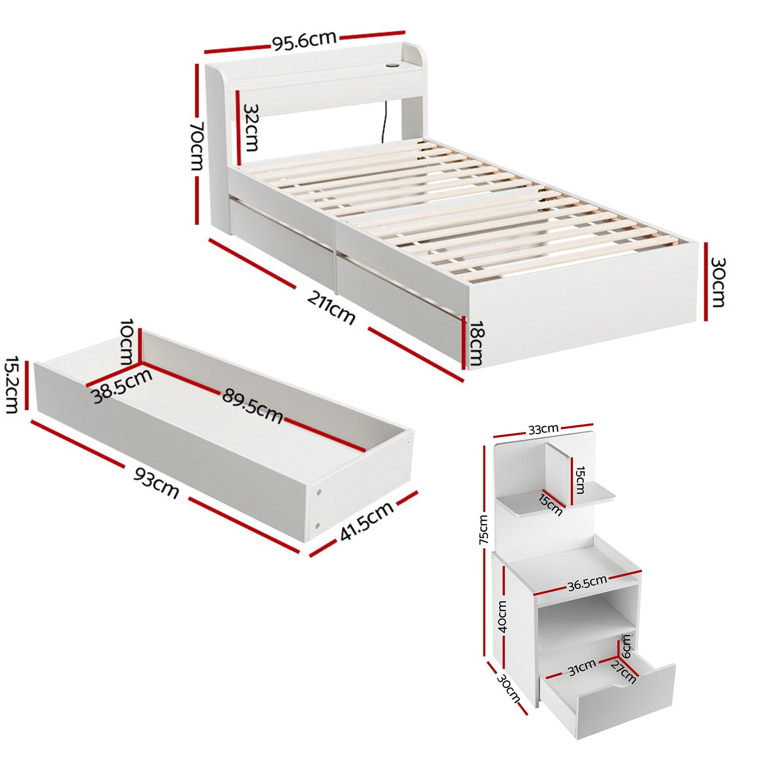 Artiss Single Bed Frame with Charging Ports and Bedside Table Awezingly