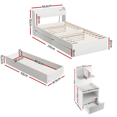 Artiss Single Bed Frame with Charging Ports and Bedside Table